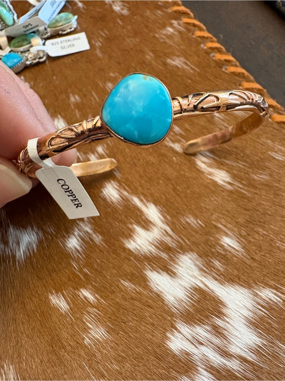 Kingman Turquoise Stone on Copper Cuff Bracelet - Bright Blue Copper Bangle
